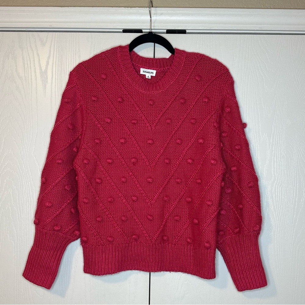 Sugarlips Textured Knit Sweater in Vibrant Red/Hot Pink, size Small